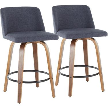 Toriano Mid-Century Modern Counter Stool In Walnut And Blue Fabric Set Of 2