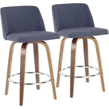 Toriano Mid-Century Modern Counter Stool In Walnut/Chrome And Blue Fabric Set Of 2