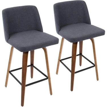 Toriano Mid-Century Modern Counter Stool In Black And Blue Fabric Set Of 2