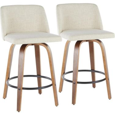Toriano Mid-Century Modern Counter Stool In Walnut And Cream Fabric - Set Of 2