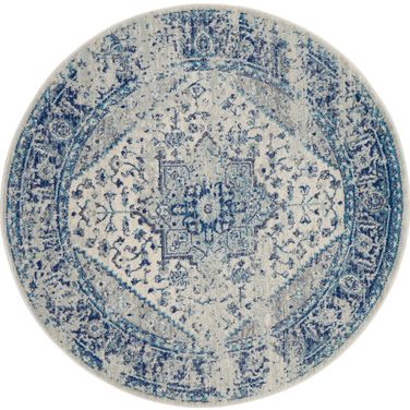 Tranquil 7'10" x 7'10" Round Vintage Indoor Rug In Ivory and Light Blue