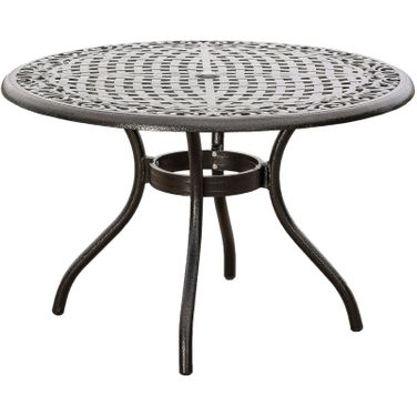 Tranquilius 48 Inch Outdoor Round Dining Table with Lattice Tabletop, Umbrella Hole and Curved Legs In Bronze