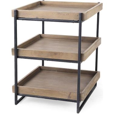 Trey Iii Square Medium Brown Wooden Three-Tiered Black Iron Frame Side Table