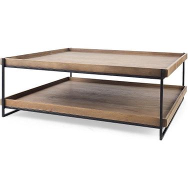 Trey Rectangular Brown Solid Wood Top Black Metal Frame Two-Tier Coffee Table