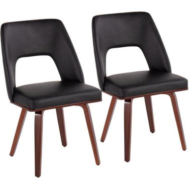 Triad Mid-Century Modern Upholstered Chair In Walnut Bamboo And Black Faux Leather - Set Of 2