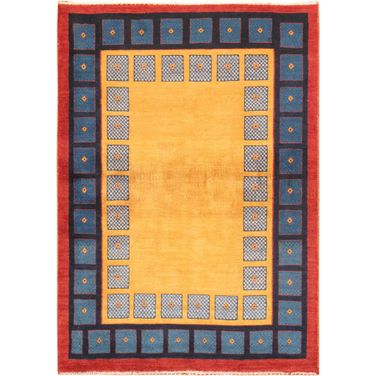 Tribal Collection Hand-Knotted Lamb's Wool Area Rug- 3' 5" x 4' 10" In Yellow and Navy