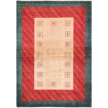 Tribal Collection Hand-Knotted Lamb's Wool Area Rug- 4' 3" x 5' 11" In Mocha and Red