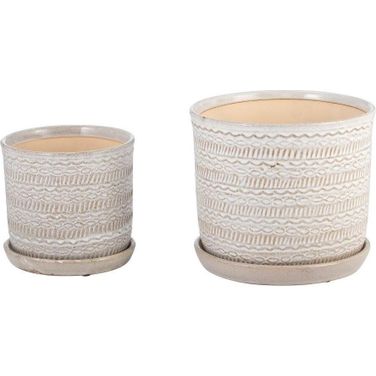 Tribal Planter With Saucer Set of 2 In Beige