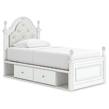 Trindura Twin Upholstered Panel Bed with Storage In White