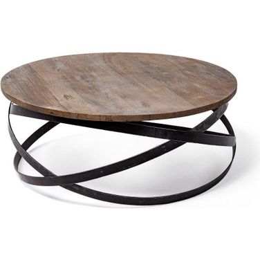 Triumph 40 Inch Round Brown Solid Wood Top Black Metal Base Coffee Table