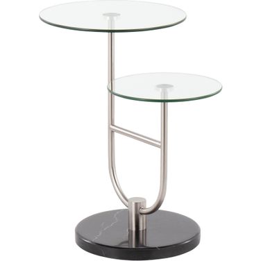 Trombone Glam Side Table In Black Marble, Nickel And Clear Glass