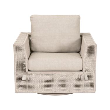 Tropez Outdoor Swivel Sofa Chair In Oat Flat Rope and Ecru Weave Washed Ever Teak