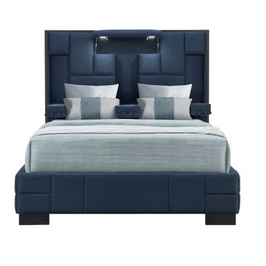 Tufted Upholstered Lighted King Bed Frame In Navy Blue