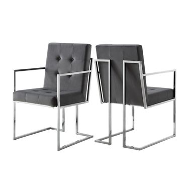 Tufted Upholstered Velvet Dining Arm Chairs Set of 2 In Gray and Silver Metallic