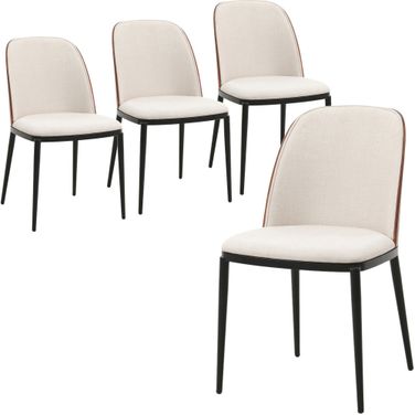 Tule Dining Side Chair Set of 4 with Velvet Seat and Steel Frame In Walnut and Beige