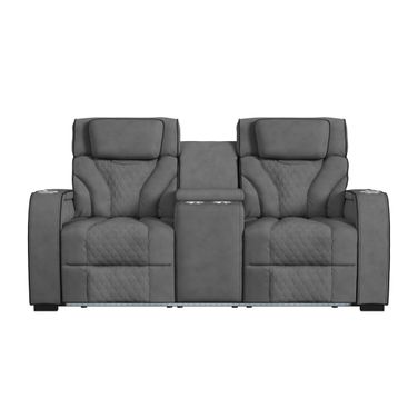 Tundra Motion Loveseat with Console and LED In Simba Slate and Black Welt