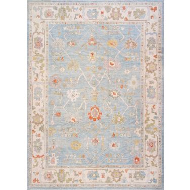 Turkish Oushak Collection Hand-Knotted Wool Area Rug- 9' 5" x 12'11" In Blue and Ivory