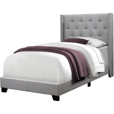 Twin Size Bed In Grey Linen With Chrome Trim I 5984T