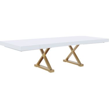 Tyrion Rectangle Extendable Modern White Wood Dining Table In Brushed Gold