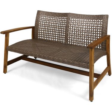 Unified Outdoor Wicker Loveseat with Wood Frame In Natural