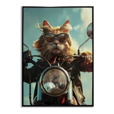 Untamed Cat on Motorcycle Canvas Wall Art In Multi