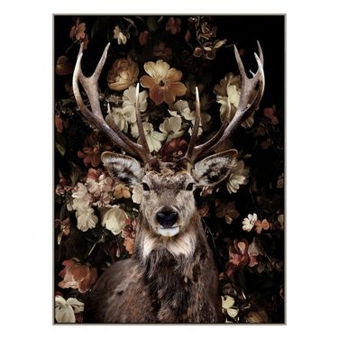 Untamed Deer on Flowers Canvas Wall Art In Multi