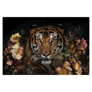 Untamed Floral Tiger Frameless Tempered Glass Wall Art In Multi