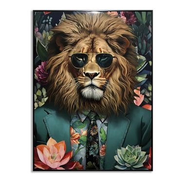 Untamed Lion in Suit Canvas Wall Art In Green