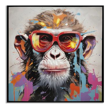 Untamed Playful Chimp with Glasses Canvas Wall Art In Red