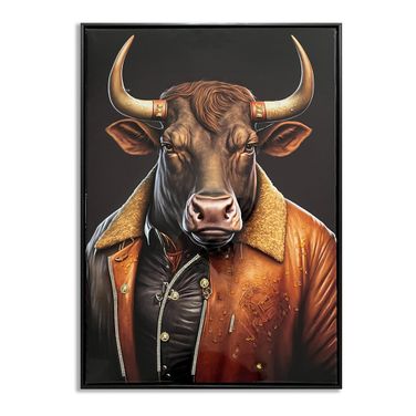 Untamed Stylish Bull Portrait on Leather Canvas Wall Art In Multi