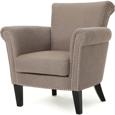 Upholstered Club Chair with Curved Design, Nailhead Trim and Rolled Armrests In Light Coffee
