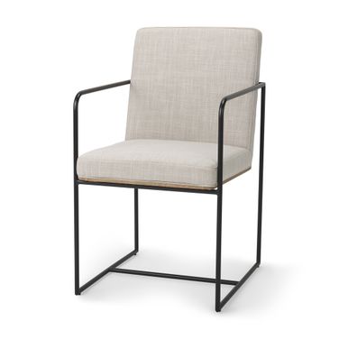 Upholstered Cushion and Metal Dining Arm Chair In Black and Beige