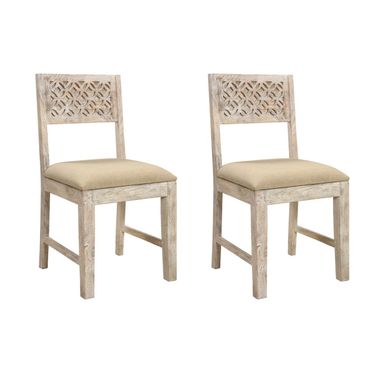 Upholstered Fabric Carved Back Dining Side Chairs Set of 2 In White and Brown