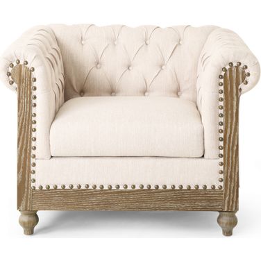 Upholstered Fabric Club Chair with Nailhead Trim In Beige