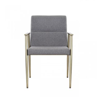 Upholstered Fabric Dining Arm Chair In Gray and Antique Brass