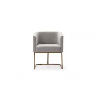 Upholstered Fabric Dining Arm Chair In Light Gray and Antique Brass