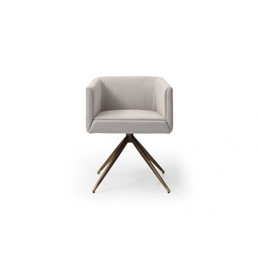 Upholstered Fabric Dining Arm Chair In Light Grey and Brass