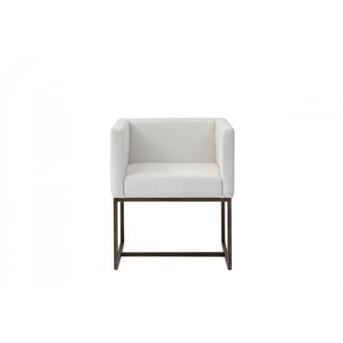 Upholstered Fabric Dining Arm Chair In Off White and Antique Brass