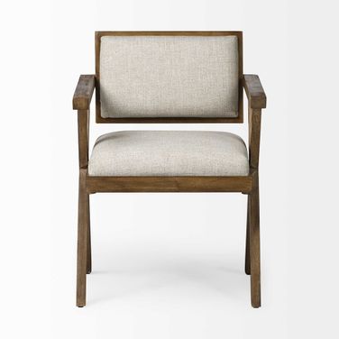 Upholstered Fabric Open Back Dining Arm Chair In Brown and Cream