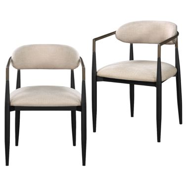 Upholstered Fabric Open Back Dining Arm Chairs Set of 2 In Black and Beige