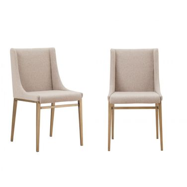 Upholstered Fabric Wing Back Dining Side Chairs Set of 2 In Beige and Antique Brass