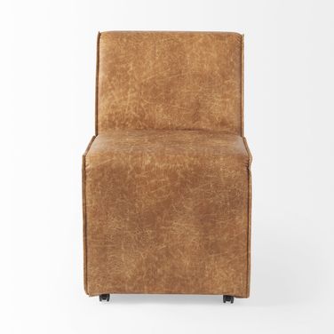 Upholstered Faux Leather Dining Side Chairs Set of 2 with Wheels In Brown