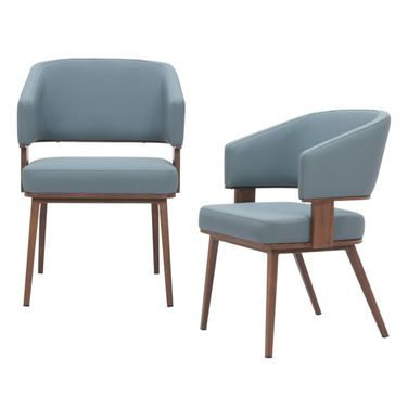 Upholstered Faux Leather Open Back Dining Arm Chairs Set of 2 In Gray and Walnut