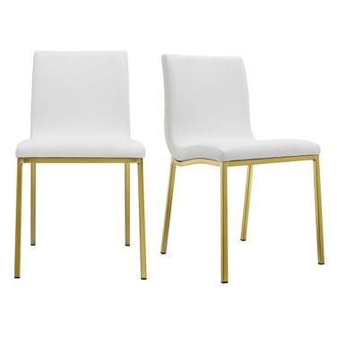 Upholstered Leather Dining Side Chairs Set of 2 In White and Gold
