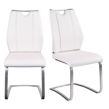 Upholstered Leather Dining Side Chairs Set of 2 In White and Silver