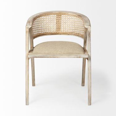 Upholstered Linen Curved Back Dining Arm Chair In Beige and Gray