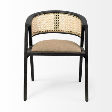 Upholstered Linen Open Back Dining Arm Chair In Gray and Black