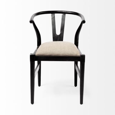 Upholstered Linen Wishbone Back Dining Side Chair In Black and Beige