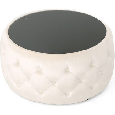 Upholstered Ottoman with Button Tufted Diamond Stitch and Tempered Glass Top In Beige