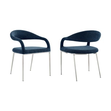 Upholstered Polyester Open Back Dining Arm Chairs Set of 2 In Silver and Blue